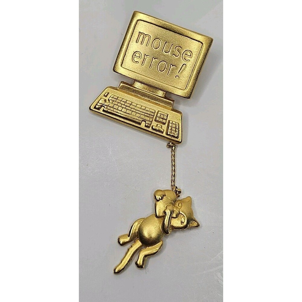 JJ Vtg Cat Pin Brooch Mouse Error Computer Desktop Dangle Signed 1980s Gold Tone